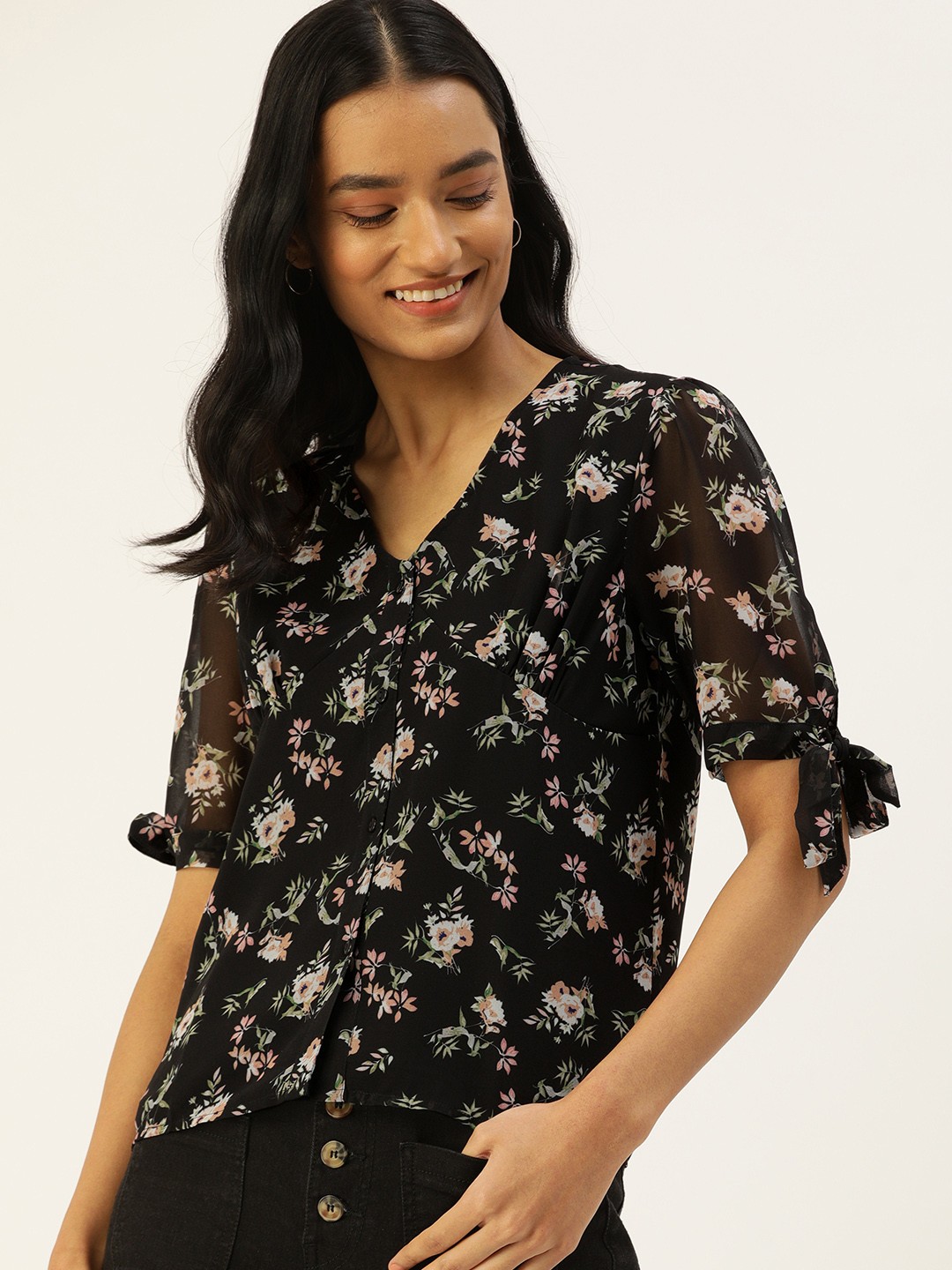 

Flying Machine Black Floral Regular Top