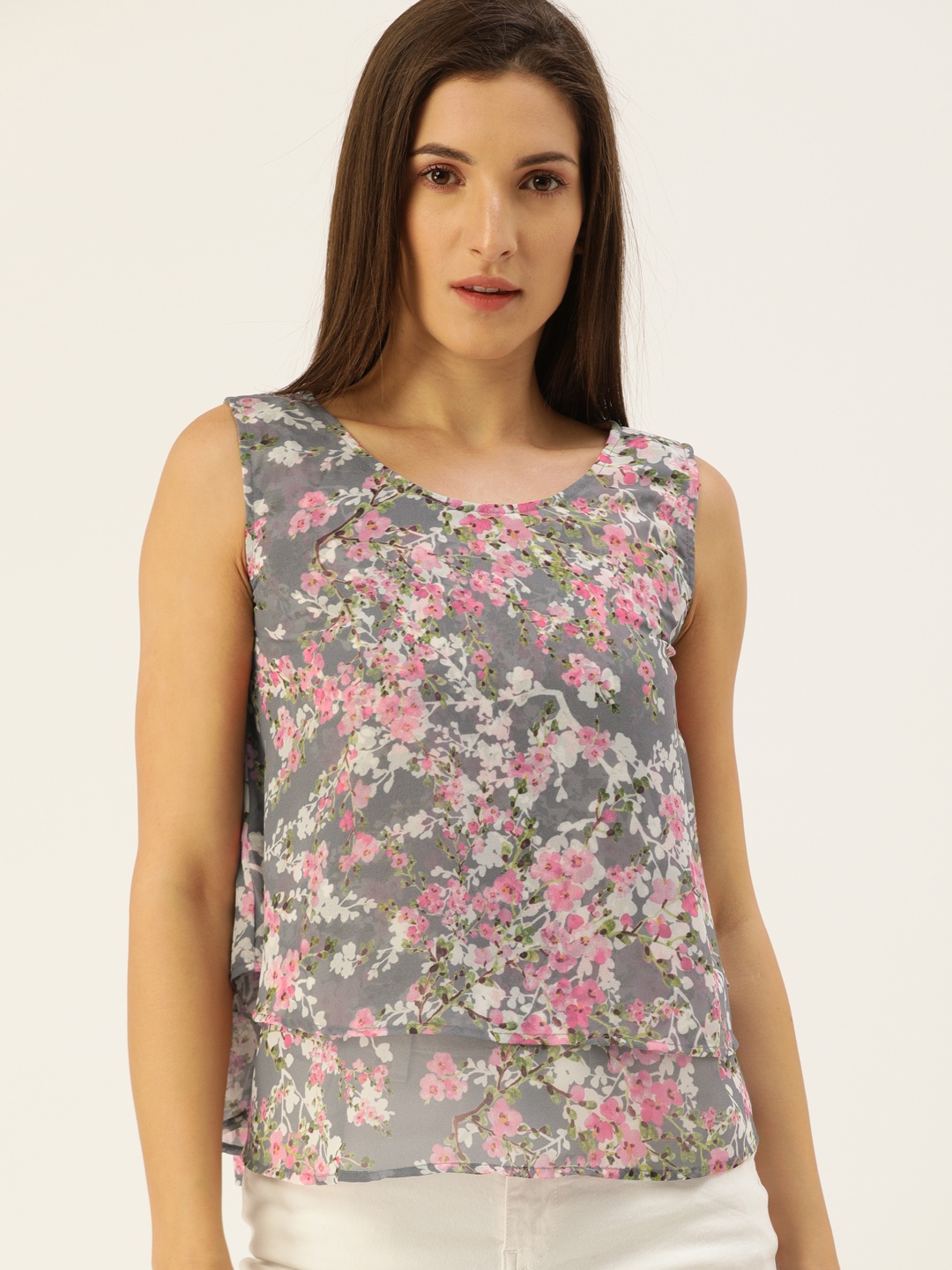 

Flying Machine Grey & Pink Floral Layered A-Line Top