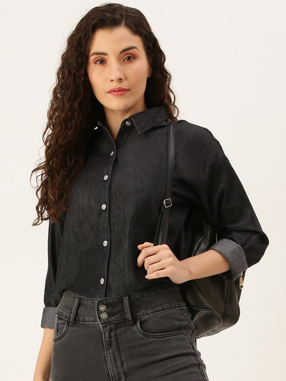 

Flying Machine Women Solid Pure Cotton Shirt Style Top, Black