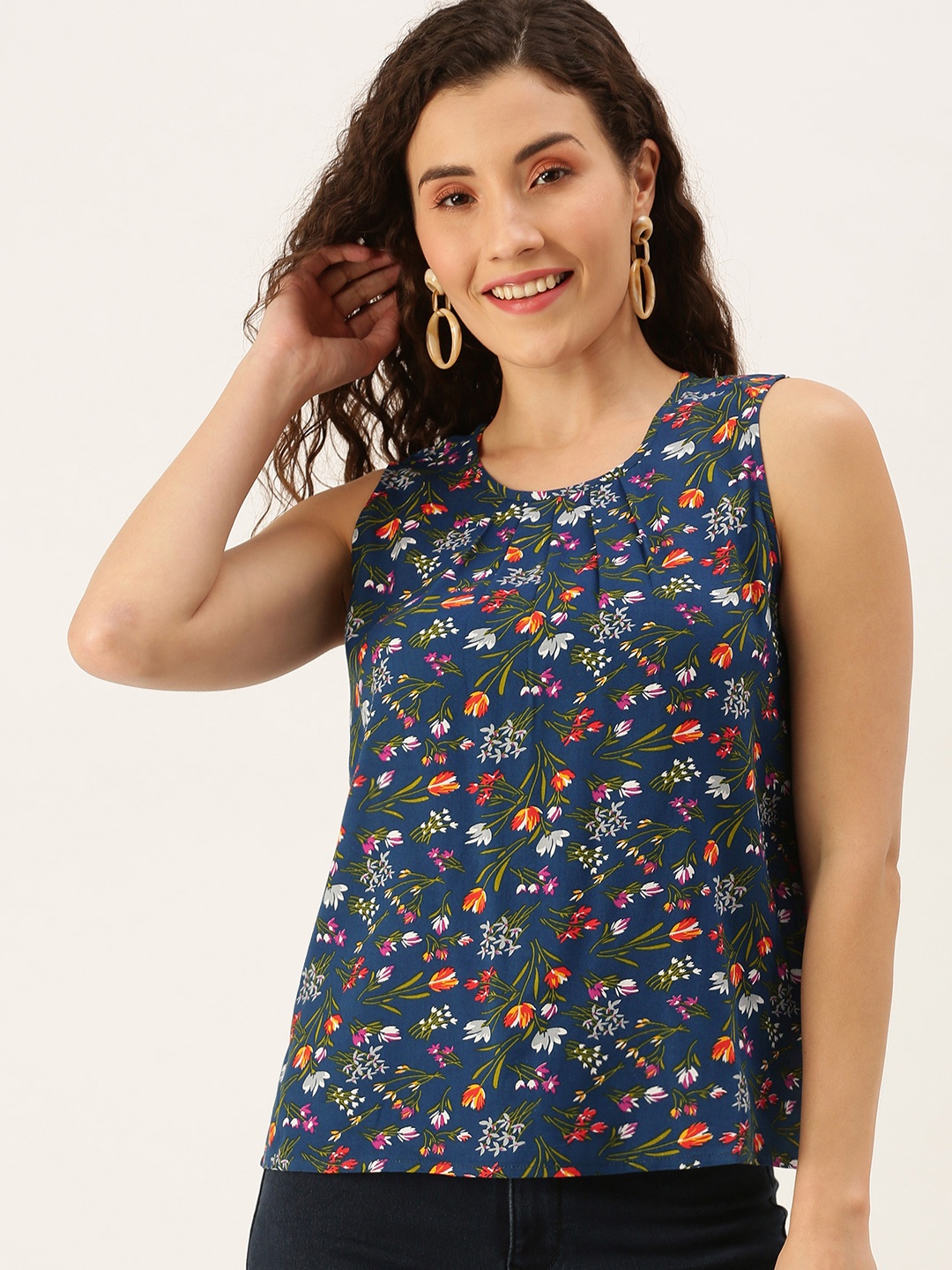 

Flying Machine Women Navy Blue Tropical Print Sleeveless Boxy Top