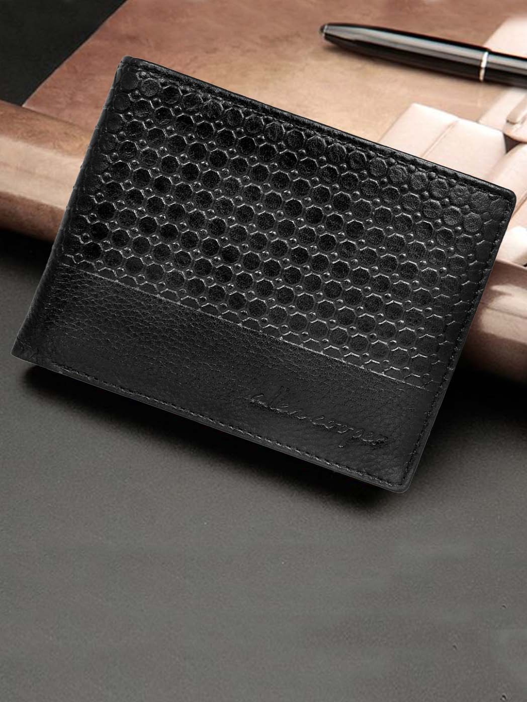 

Allen Cooper Men Black Textured Leather Two Fold Wallet