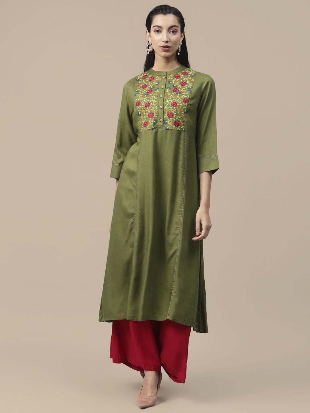 

Sangria Women Green Floral Yoke Design Embroidered Thread Work Kurta