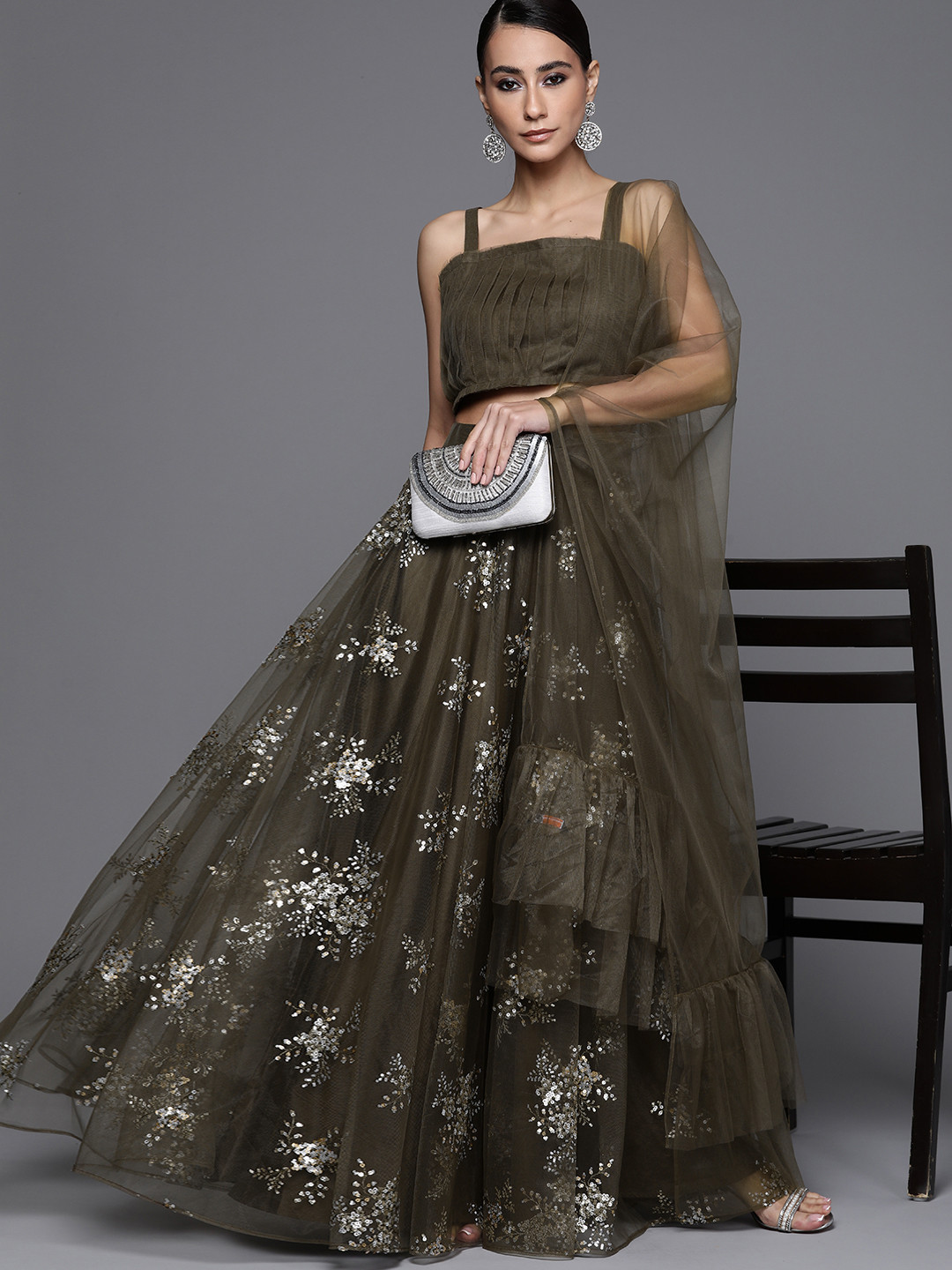 

Inddus Women Olive Green Sequinned Semi-Stitched Lehenga & Unstitched Blouse With Dupatta