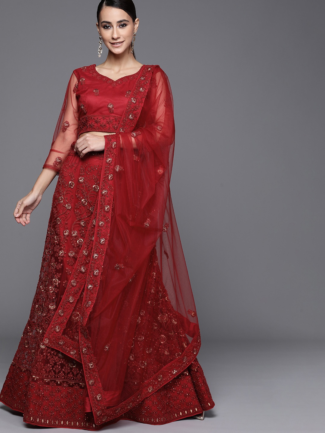 

Inddus Women Red Embellished Unstitched Lehenga & Blouse With Dupatta