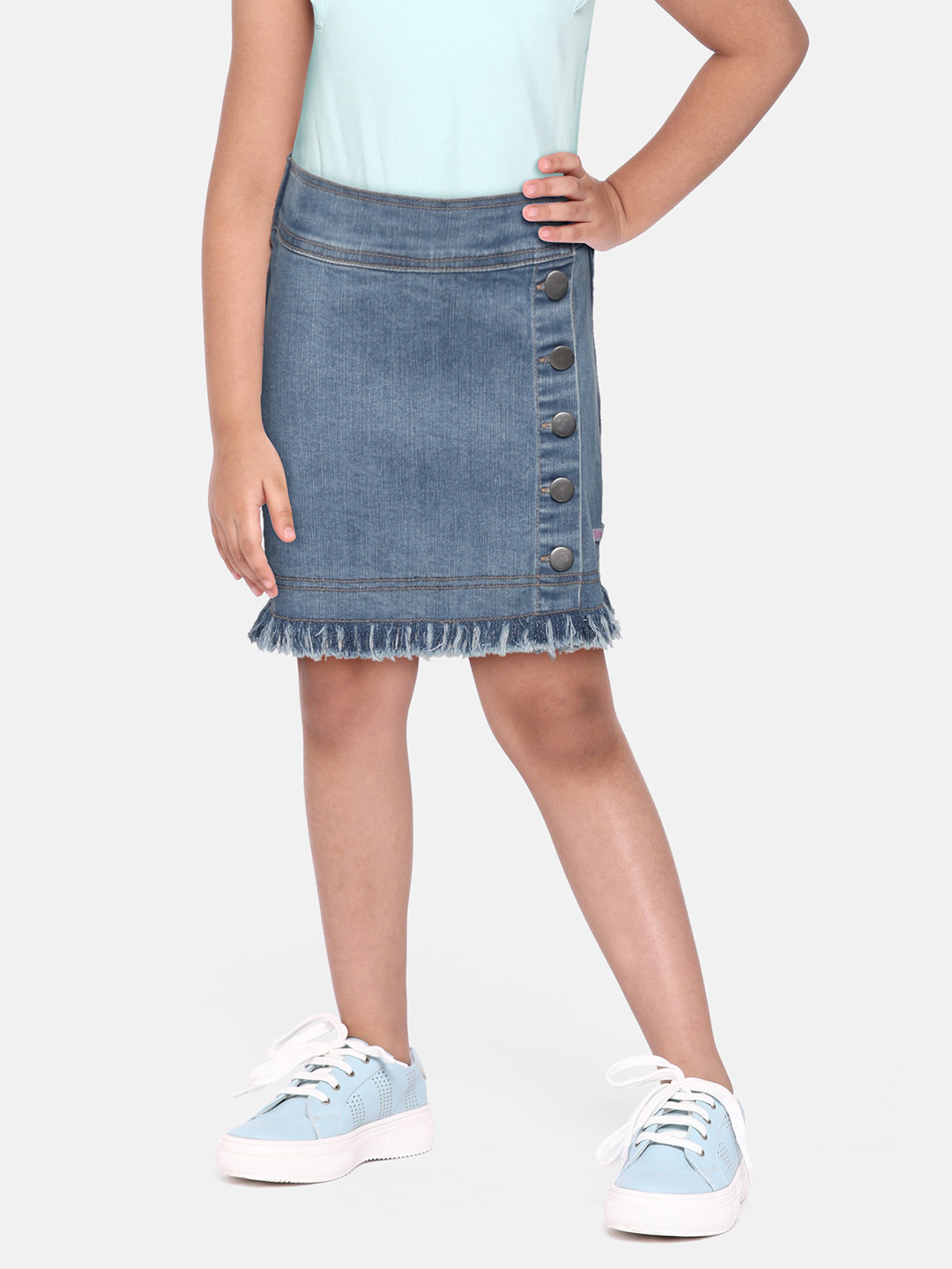 

toothless Girls Blue Solid Straight Mini Denim Skirt with Button Details