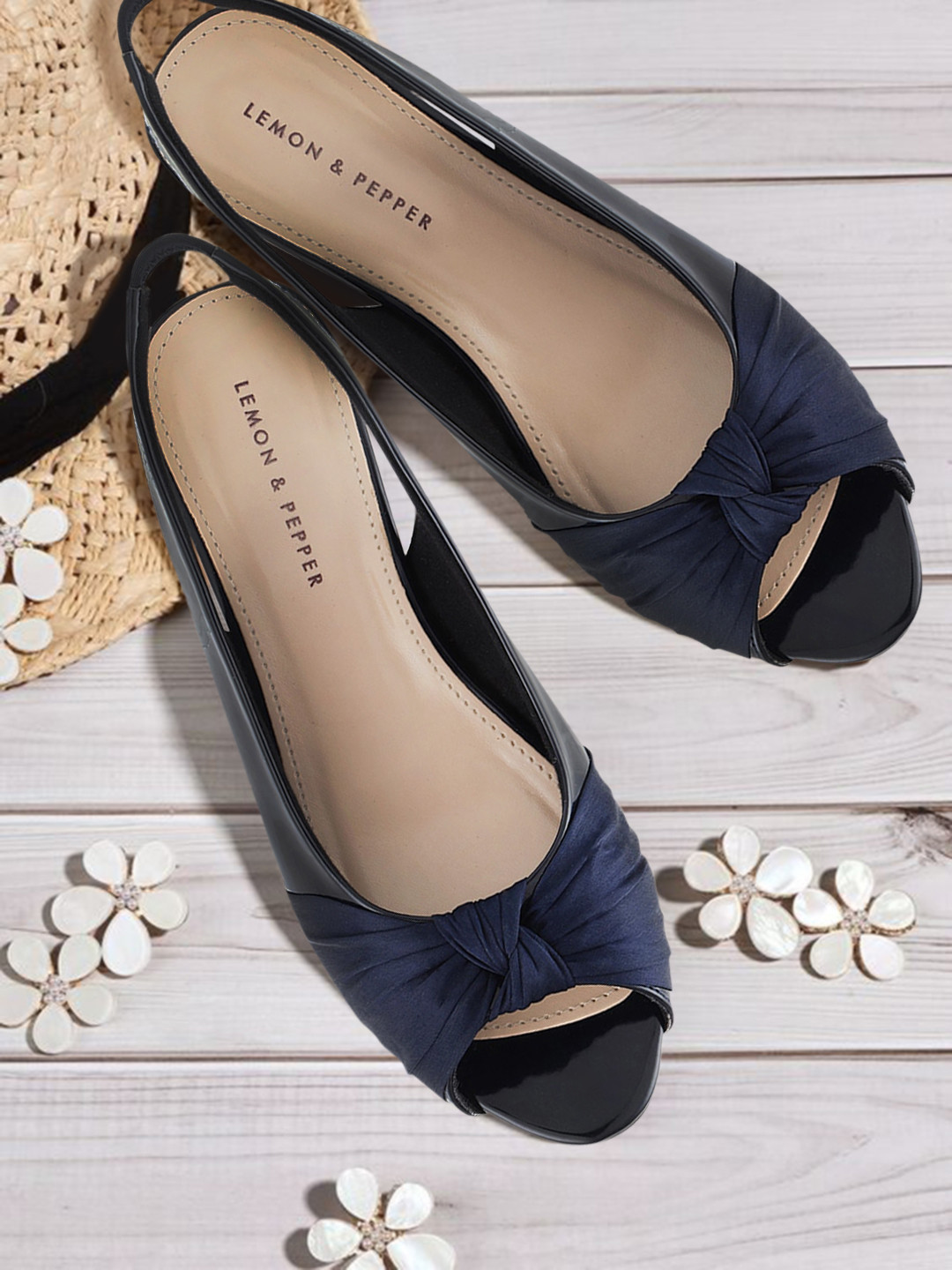 

LEMON & PEPPER Navy Blue Wedge Mules