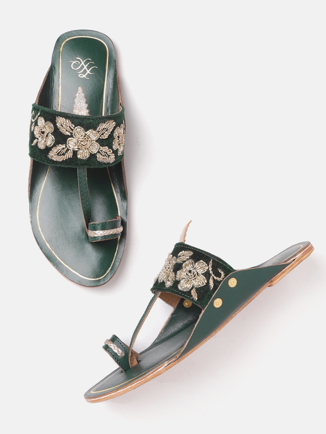 

House of Pataudi Women Green & Gold-Toned Handcrafted Embellished One Toe Flats