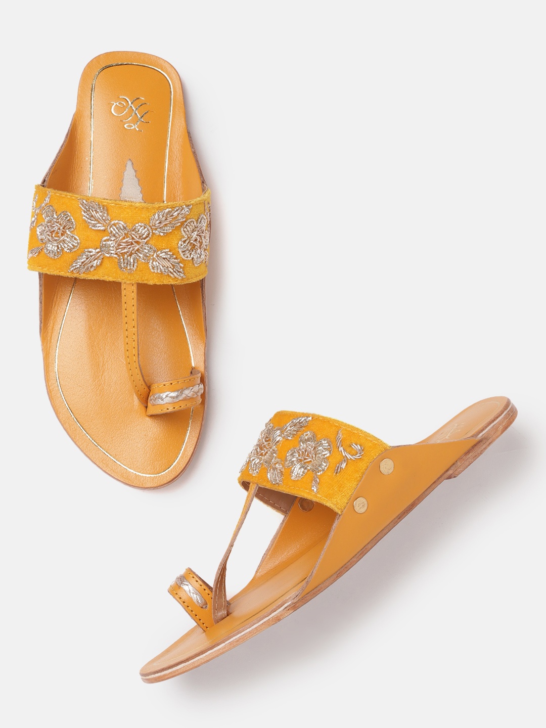 

House of Pataudi Women Mustard Yellow & Gold-Toned Handcrafted Embellished One Toe Flats