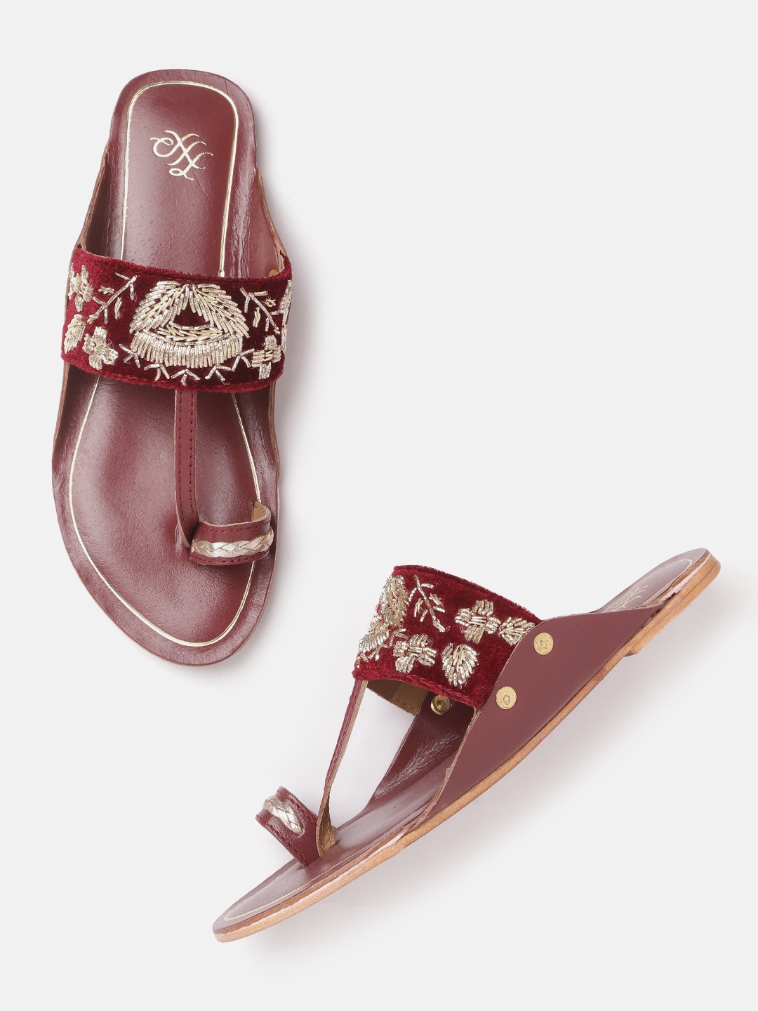 

House of Pataudi Women Maroon & Gold-Toned Handcrafted Embellished One Toe Flats