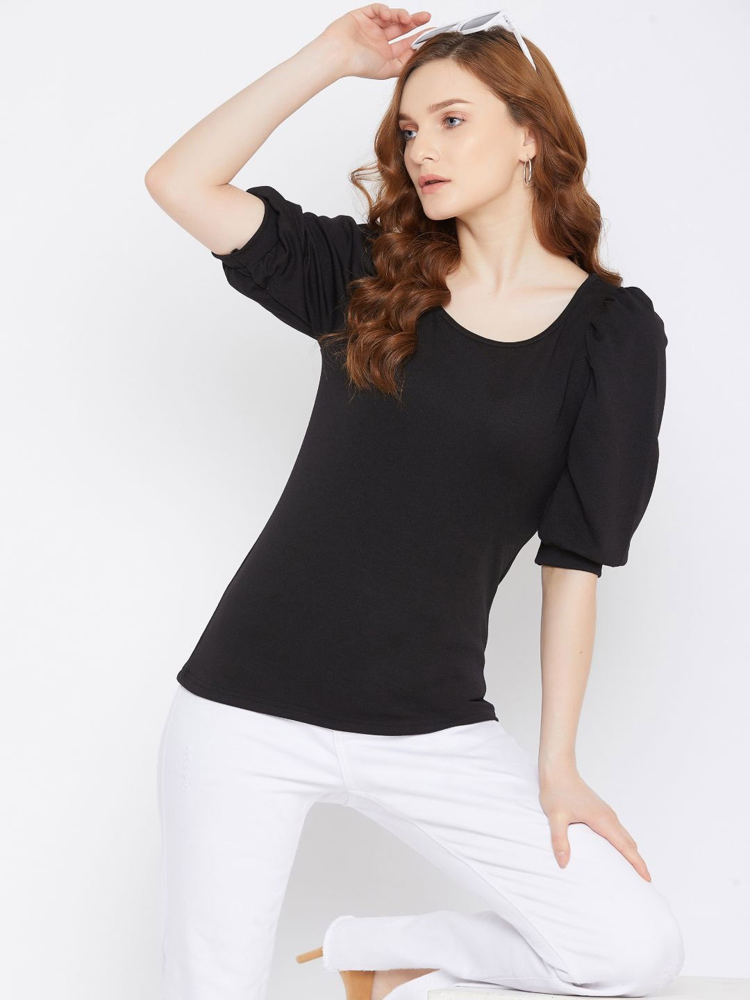 

Uptownie Lite Women Black Puff Sleeves Stretchable Round Neck Neck Top