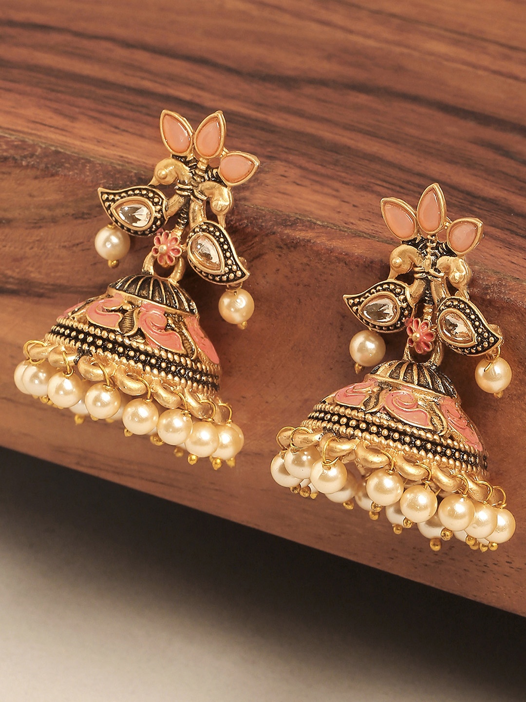 

OOMPH Red & Gold-Toned Peacock Shaped Jhumkas Earrings