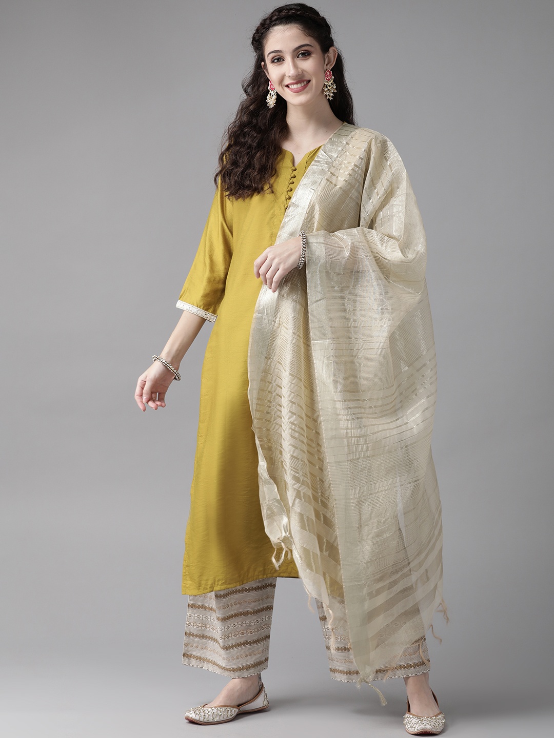 

Indo Era Women Lime Green & Beige Ethnic Motifs Liva Kurta with Palazzos & Dupatta