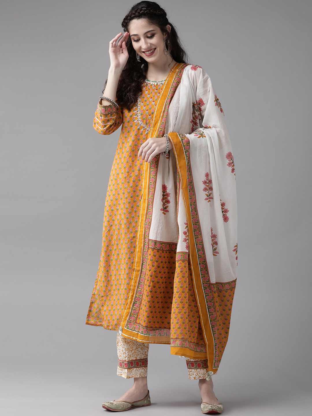 

Indo Era Women Mustard Yellow Floral Gotta Patti Kurta with Trousers & Dupatta