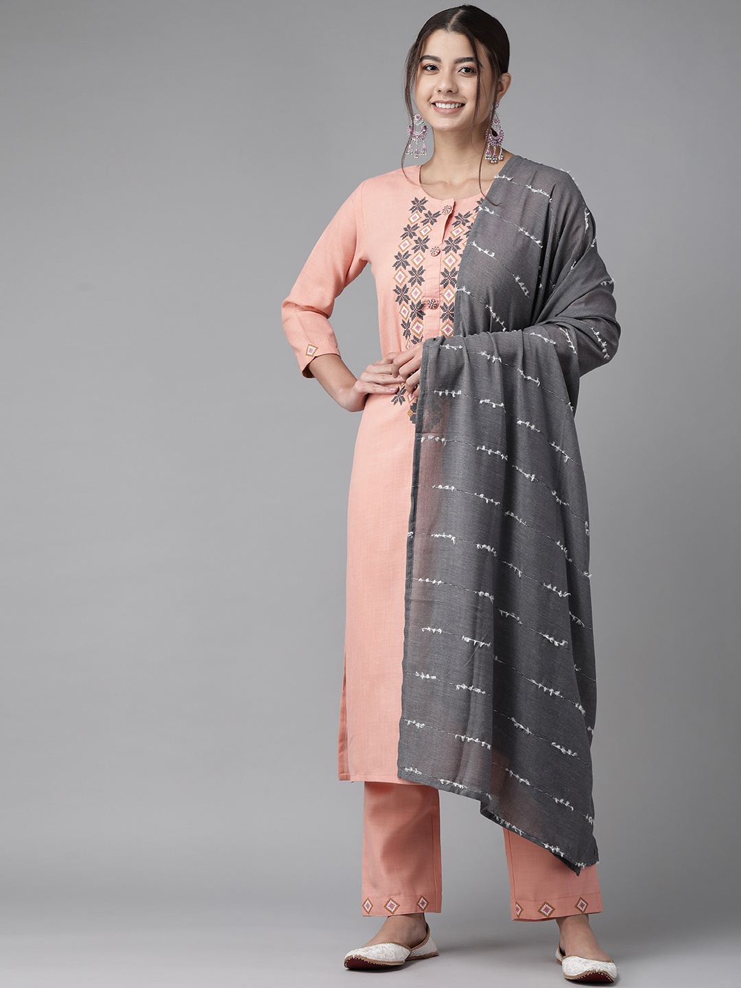 

Indo Era Women Peach-Coloured Yoke Design Regular Kurta with Trousers & With Dupatta