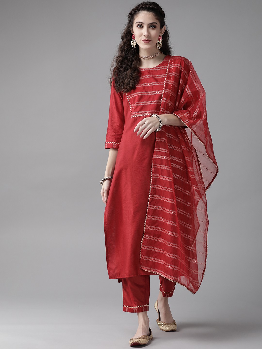 

Indo Era Women Maroon Yoke Design Regular Gotta Patti Liva Kurta with Trousers & With Dupatta