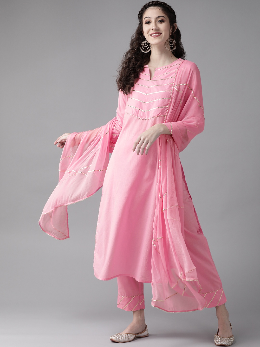 

Indo Era Women Pink Yoke Design Pure Cotton Kurta with Palazzos & Dupatta