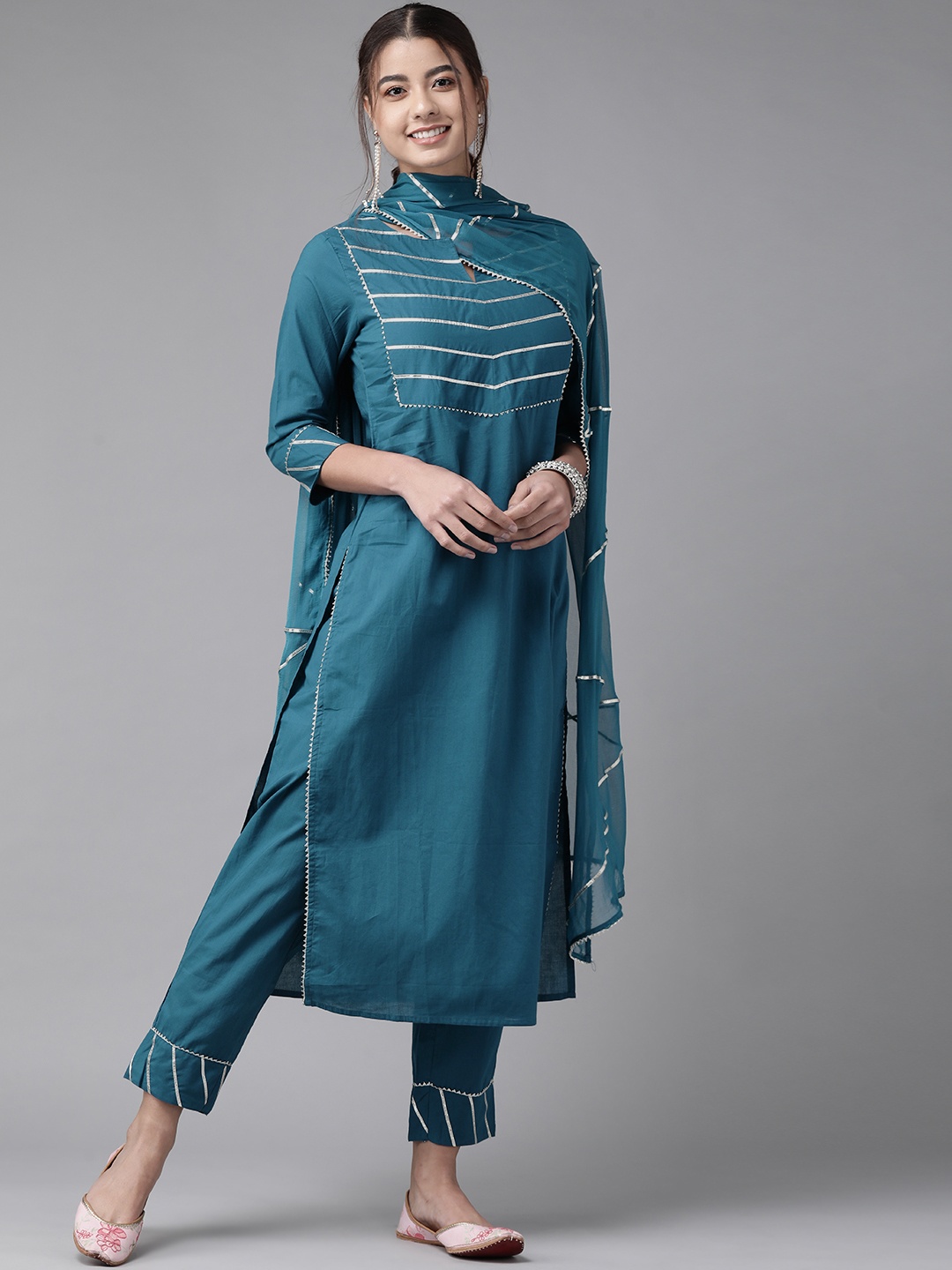 

Indo Era Women Teal Yoke Design Regular Gotta Patti Kurta with Trousers & With Dupatta