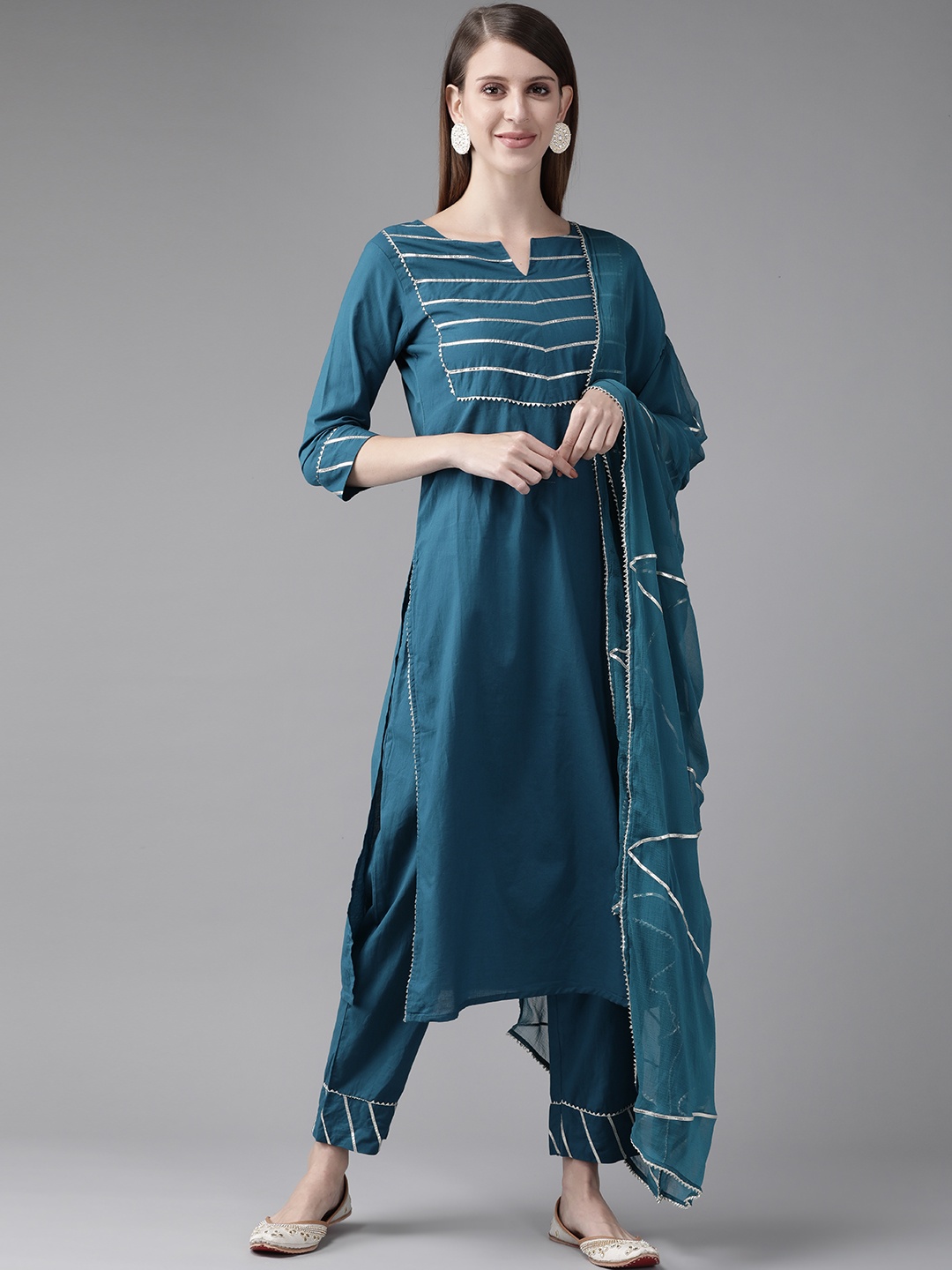 

Indo Era Women Teal Blue Yoke Design Pure Cotton Kurta with Trousers & With Dupatta