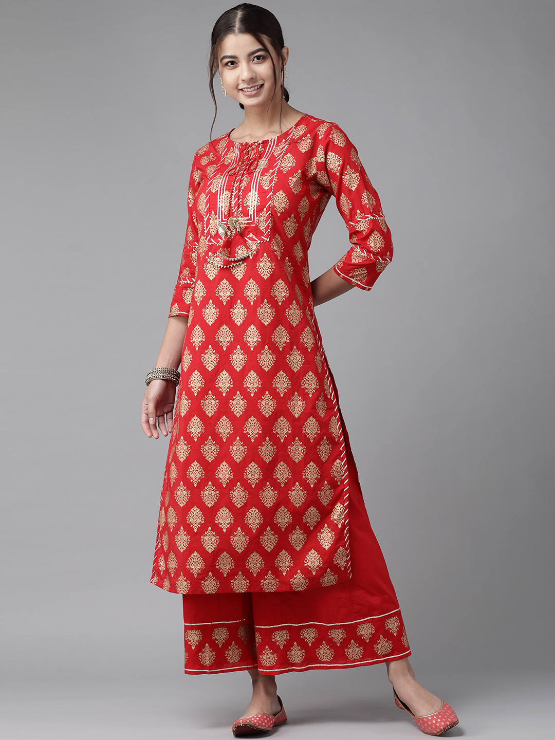 

Indo Era Women Red Ethnic Motifs Printed Regular Gotta Patti Pure Cotton Kurta with Sharara