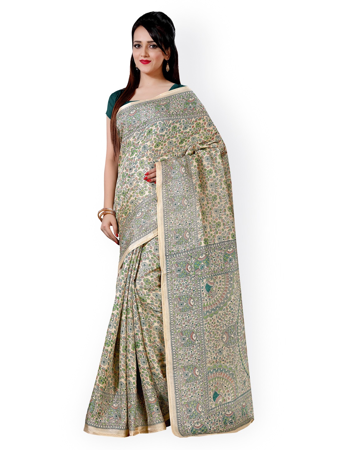 

Saree mall Beige Khadi Silk Floral Print Saree