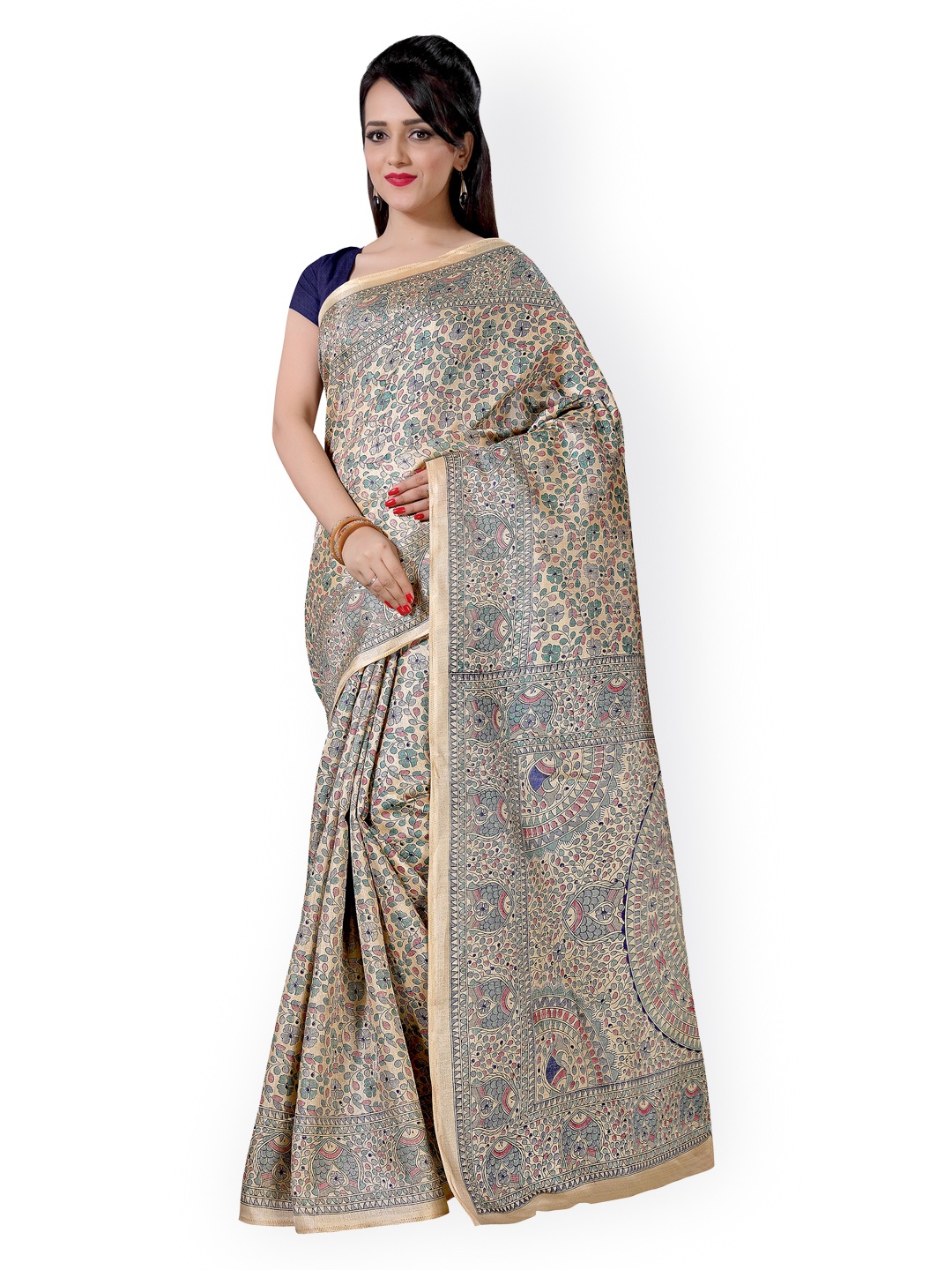 

Saree mall Beige Khadi Silk Floral Print Saree