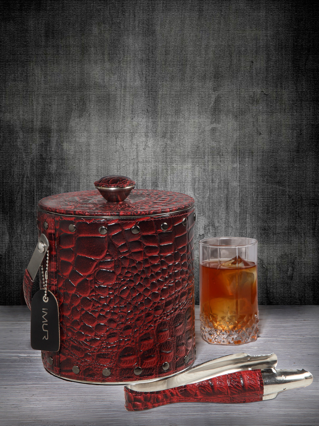 

IMUR Maroon Textured Genuine Leather Ice Bucket with Tongs