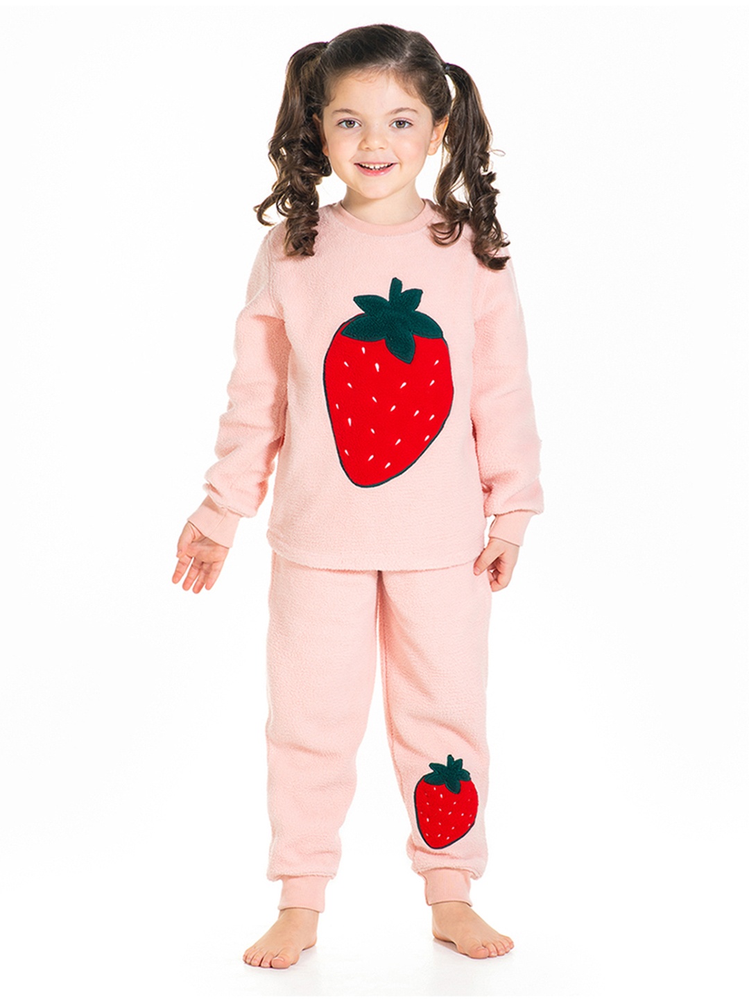

Cherry Crumble Girls Peach-Coloured & Red Printed Night suit