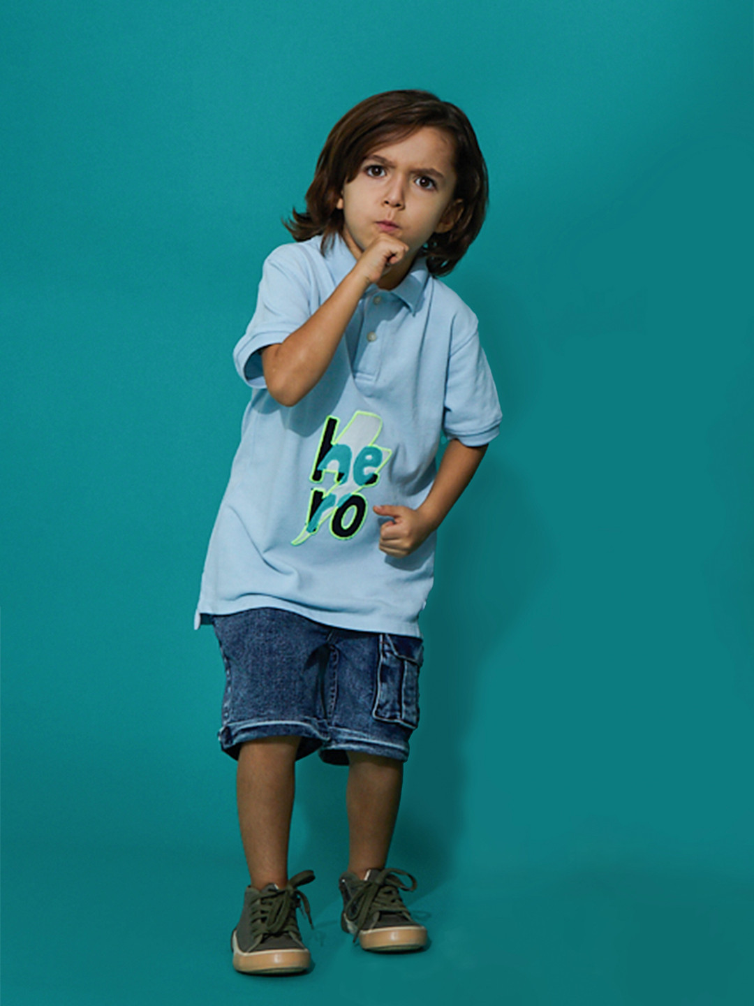 

Cherry Crumble Boys Blue Typography Printed Polo Collar Applique T-shirt