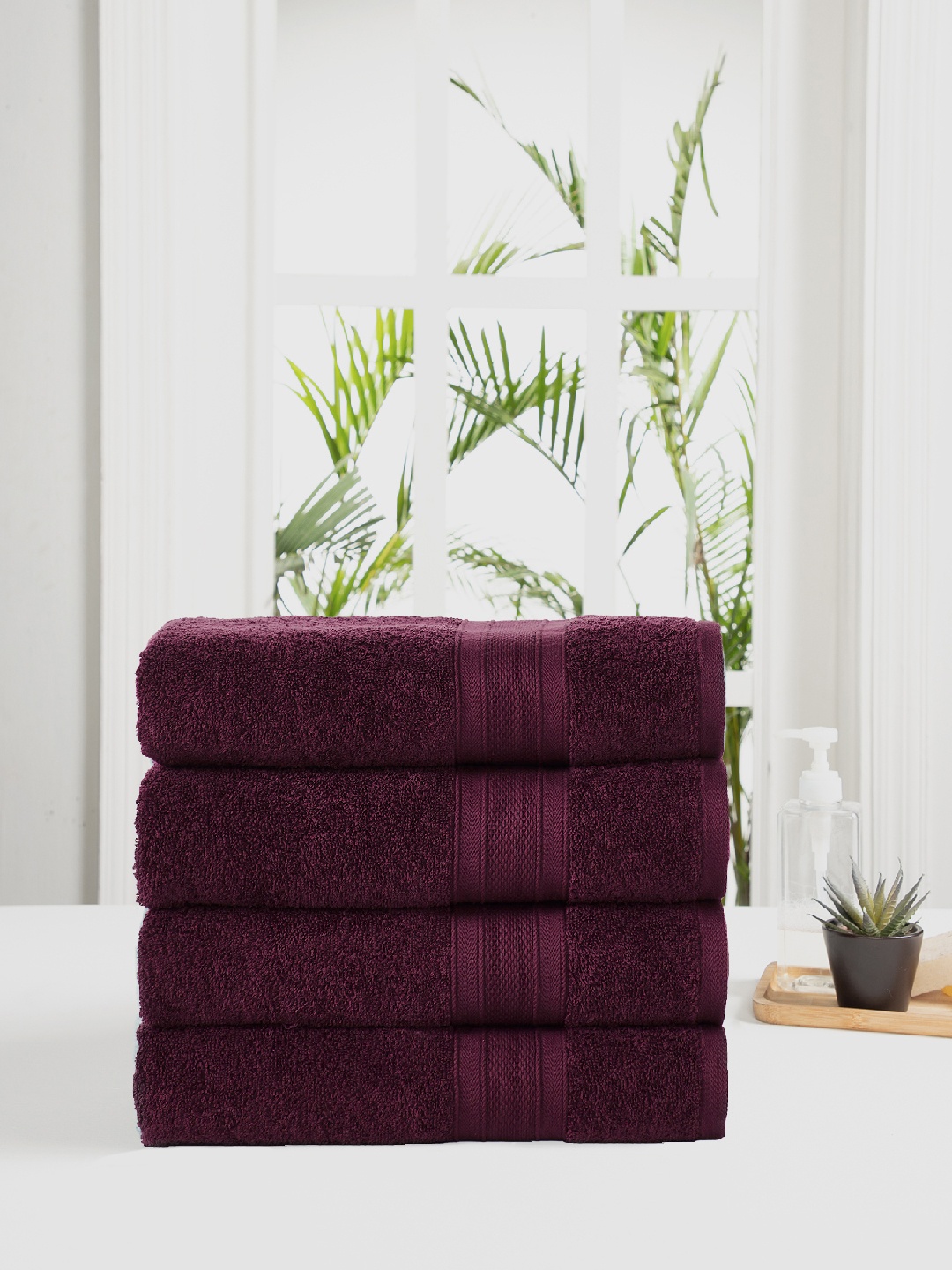 

MYTRIDENT Set of 4 Burgundy 500 GSM Striped Cotton Bath Towels