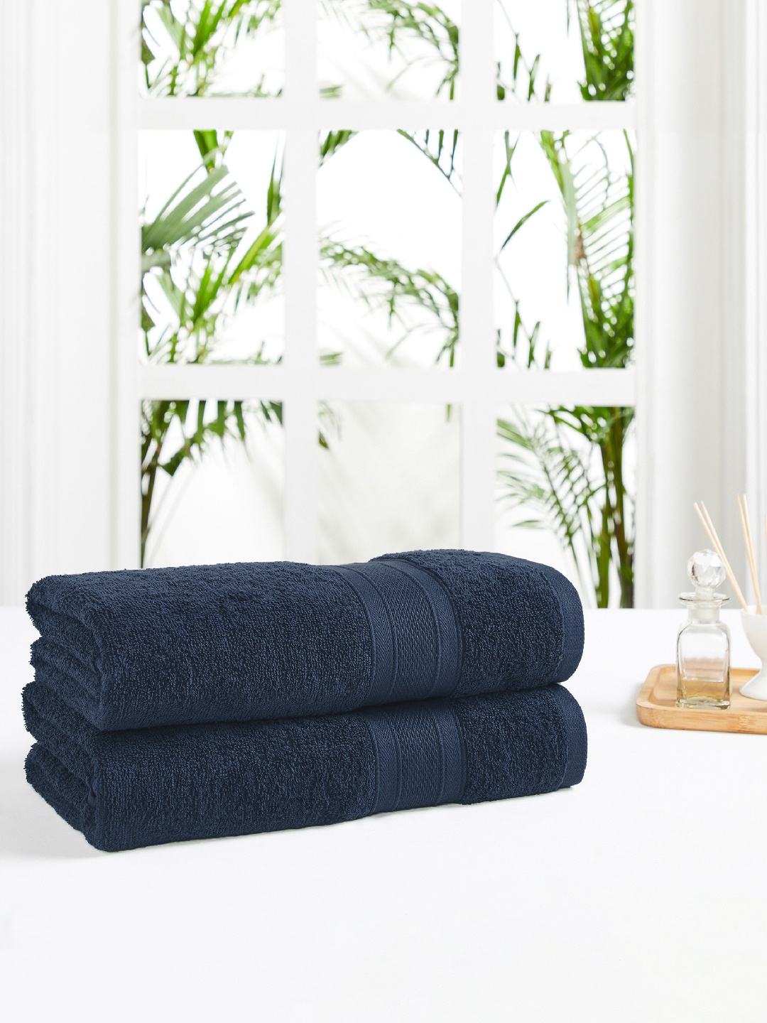 

MYTRIDENT Set of 2 Navy Blue White 500 GSM Striped Cotton Bath Towels