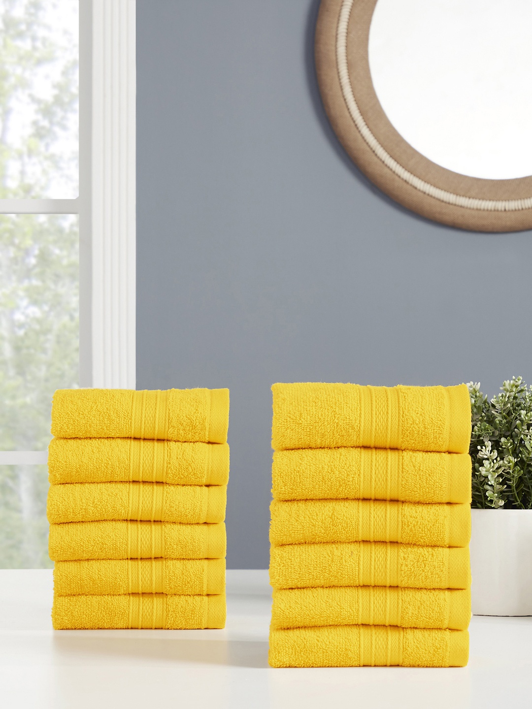 

MYTRIDENT Set of 12 Mustard Yellow 500 GSM Striped Pure Cotton Face Towels