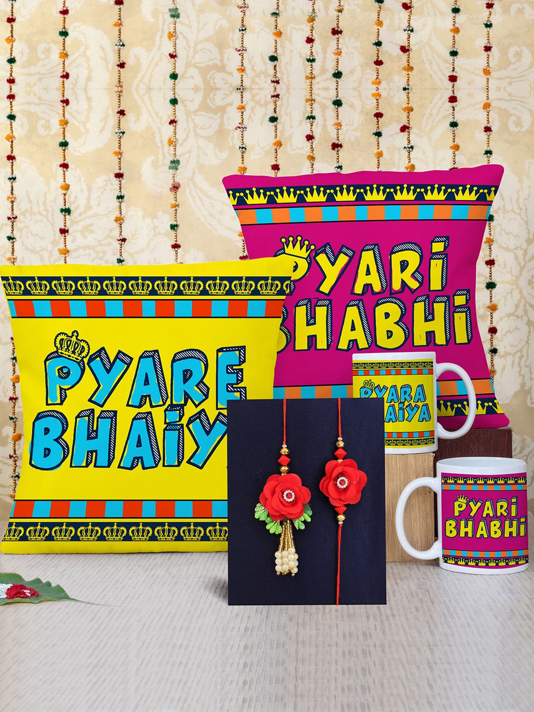 

TIED RIBBONS Unisex Pink & Yellow Bhaiya Bhabhi Rakhi with Printed Cushion Mug Gift Pack