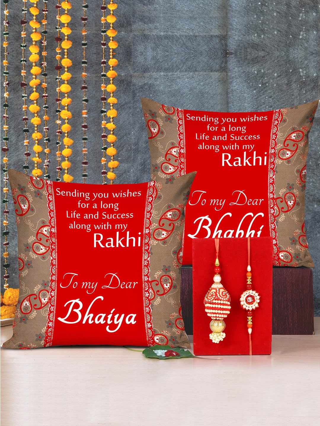 

TIED RIBBONS Unisex Red & Blue Bhaiya Bhabhi Rakhi with Printed Cushion Combo Gift Set