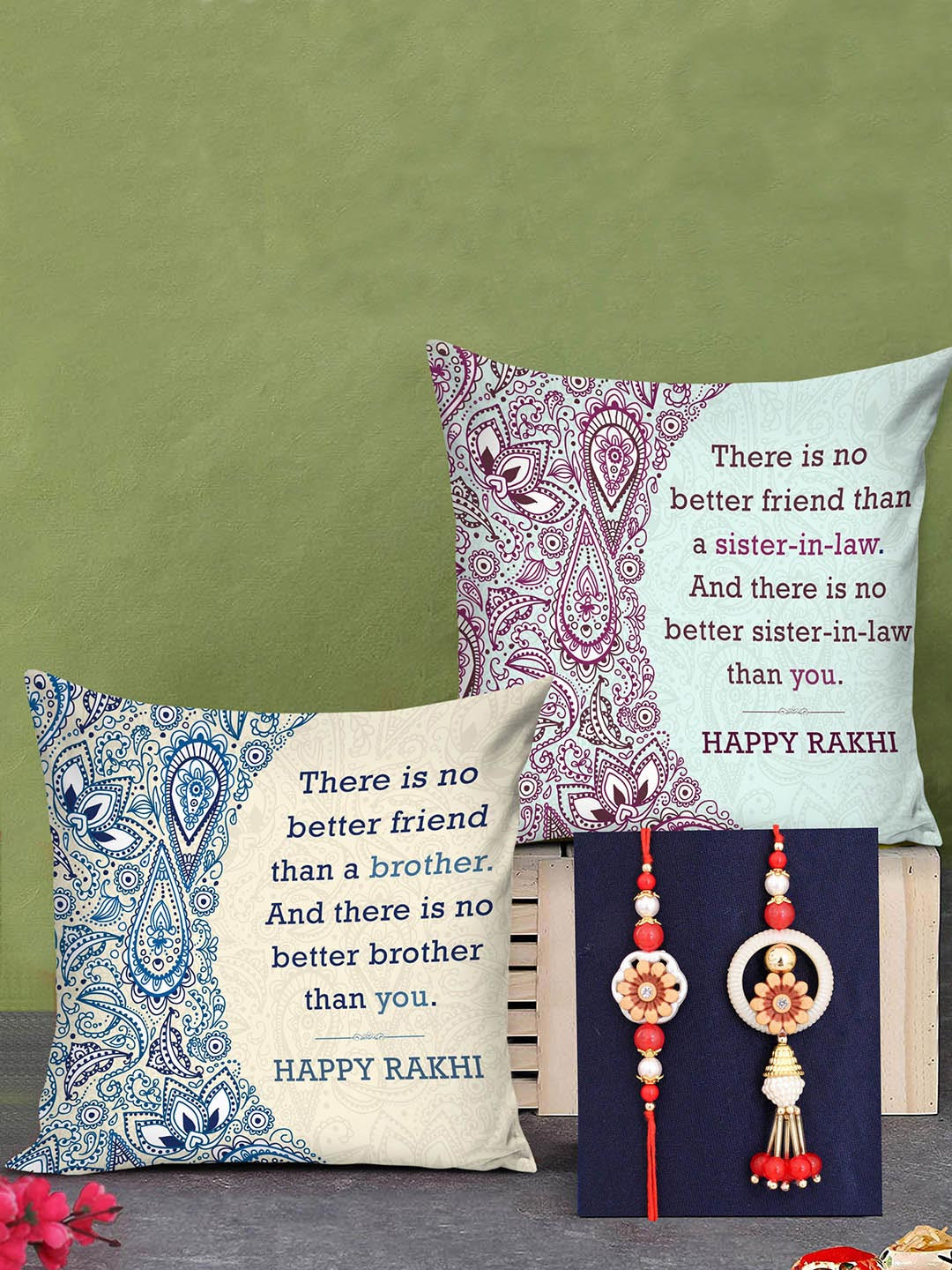 

TIED RIBBONS Red & Blue Bhaiya Bhabhi Lumba Rakhi with Printed Cushion Combo Gift Set