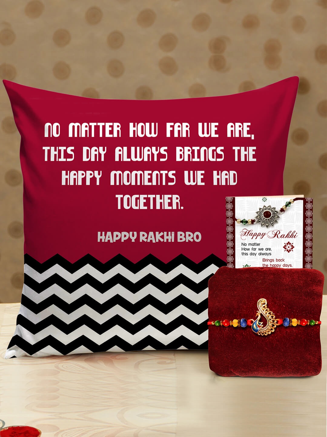 

TIED RIBBONS Red & White Cushion & Rakhi Gift Set