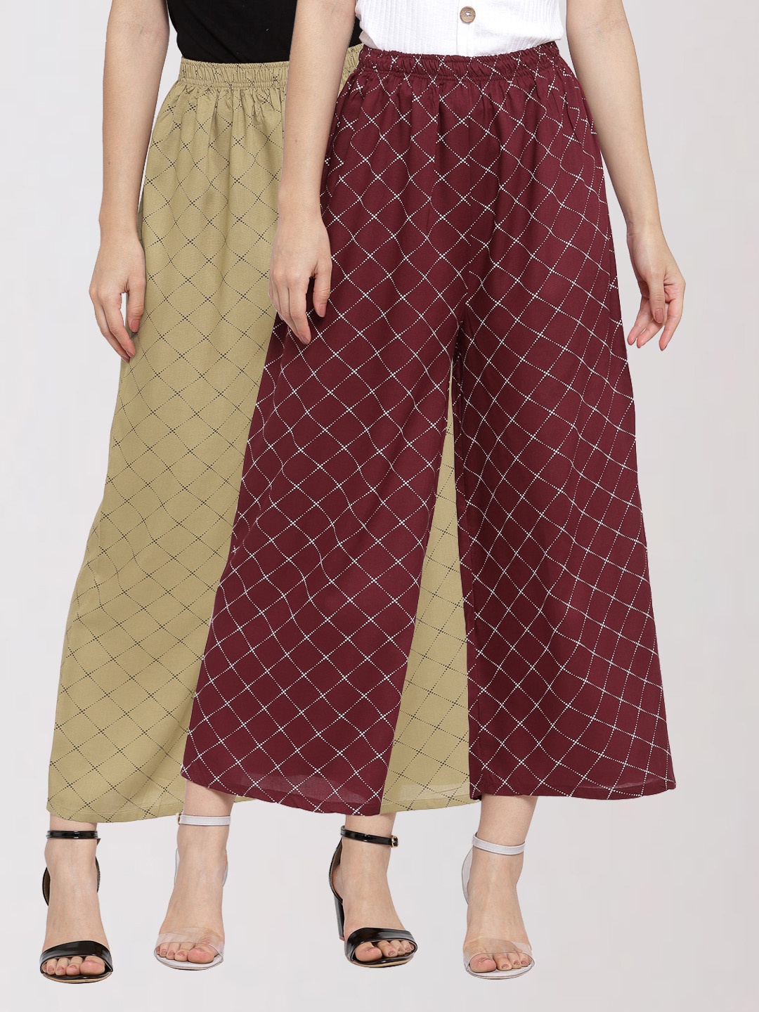 

KLOTTHE Women Pack of 2 Maroon & Olive Green Printed Palazzos