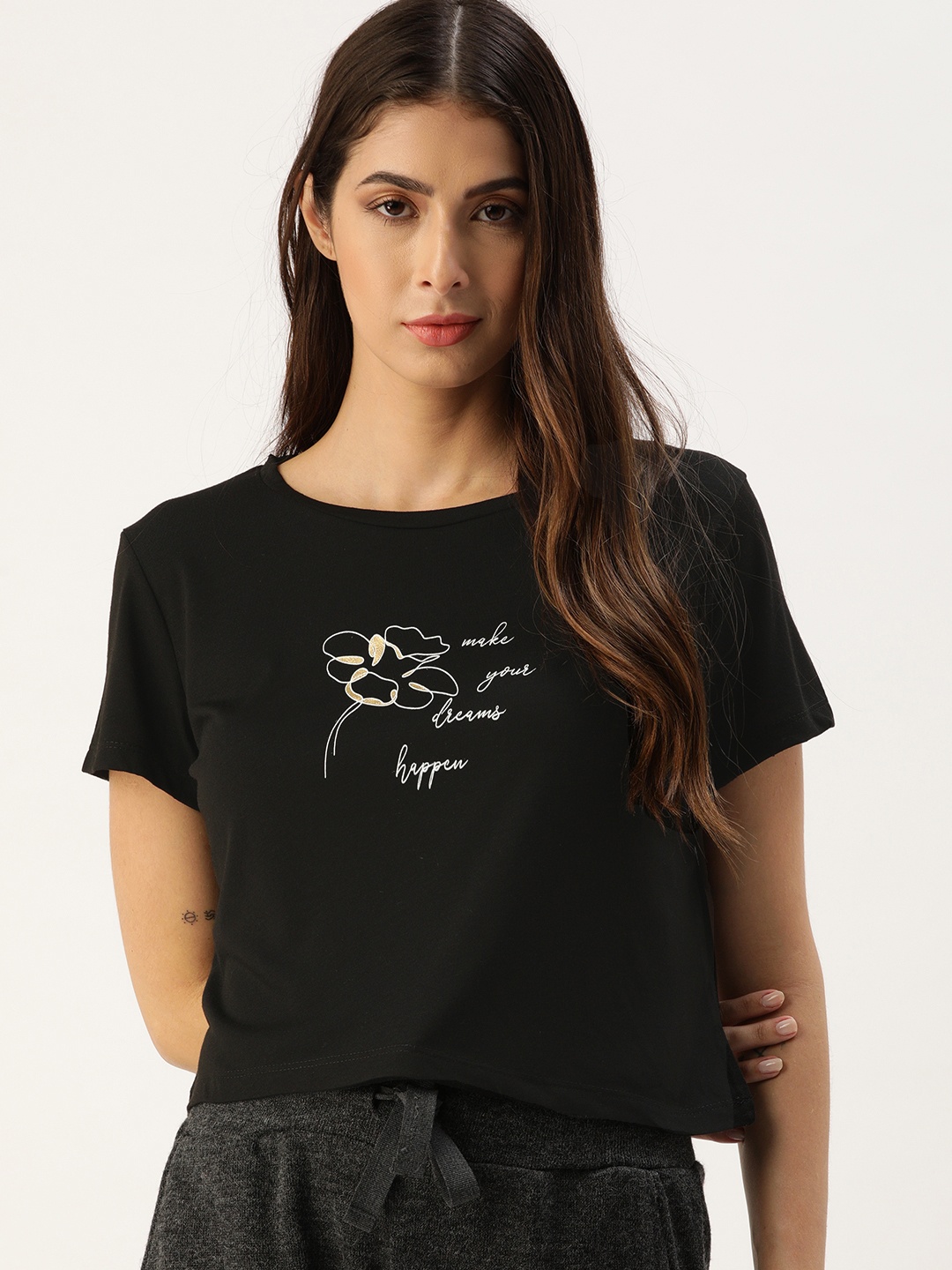 

Koton Women Black & White Floral Patterned Boxy T-shirt