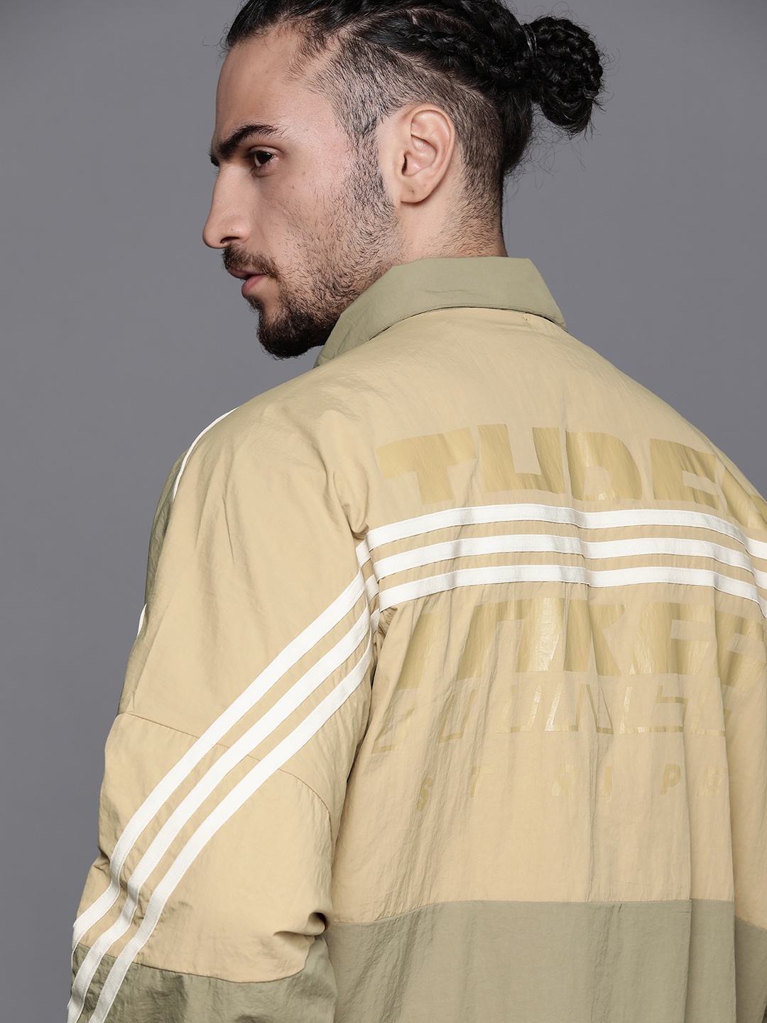 

ADIDAS Men Beige Olive Green FI Woven Colourblocked Sustainable Track Jacket