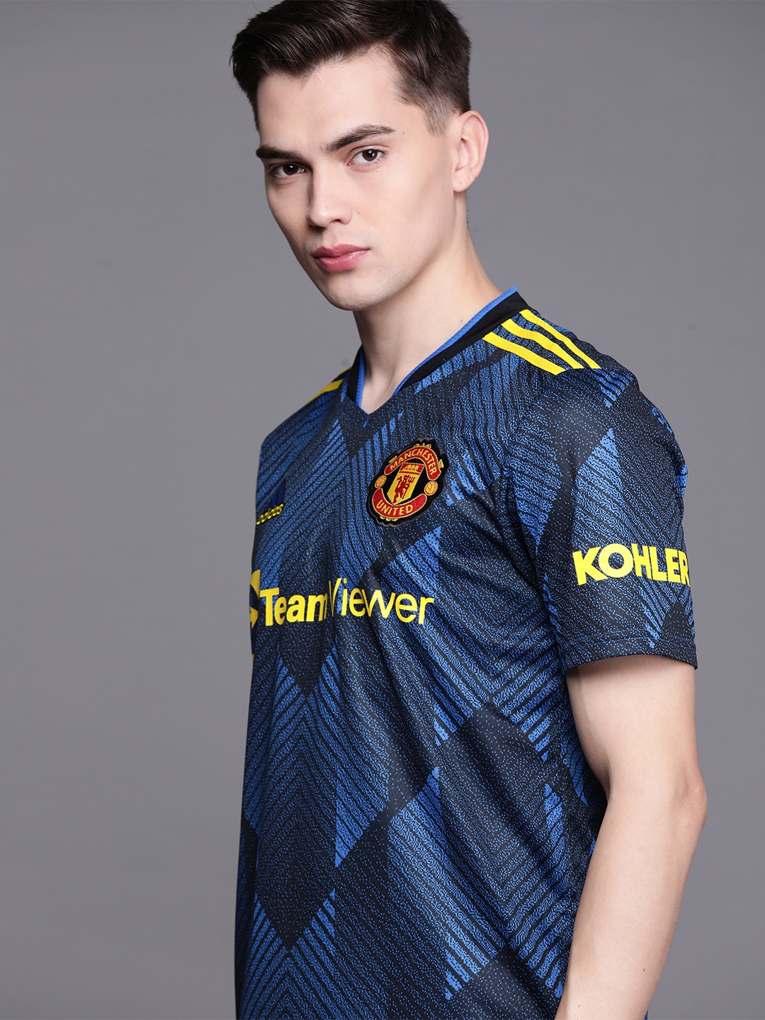 

ADIDAS Men Blue & Black MUFC 3 JSY Printed Football T-shirt