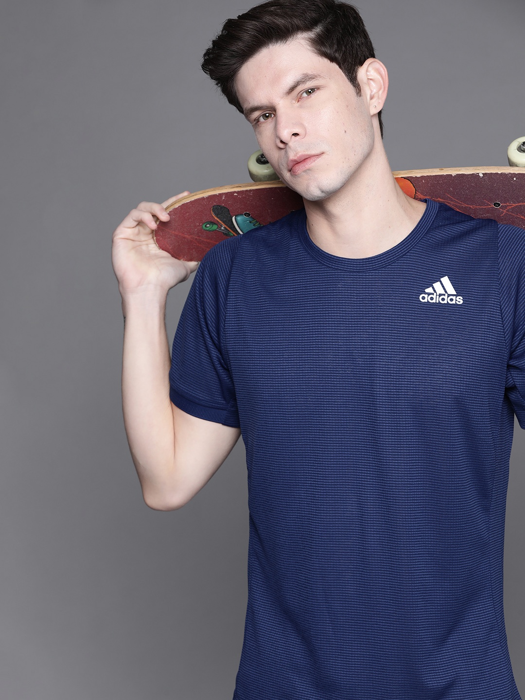 

ADIDAS Men Navy Blue T Freelift Striped Sustainable T-shirt
