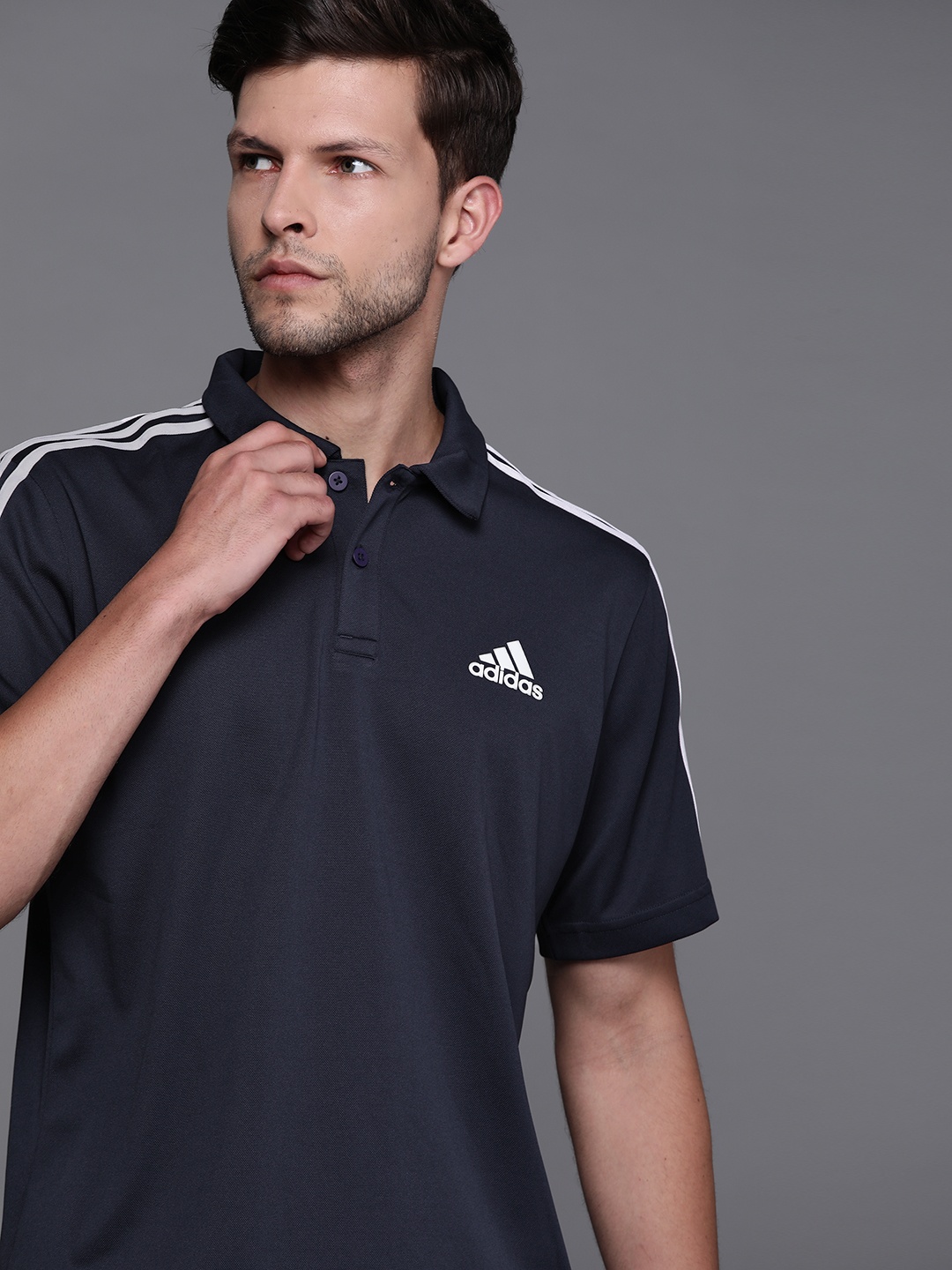 

ADIDAS Men Navy Blue Solid Polo Collar 3-Stripes PS T-shirt