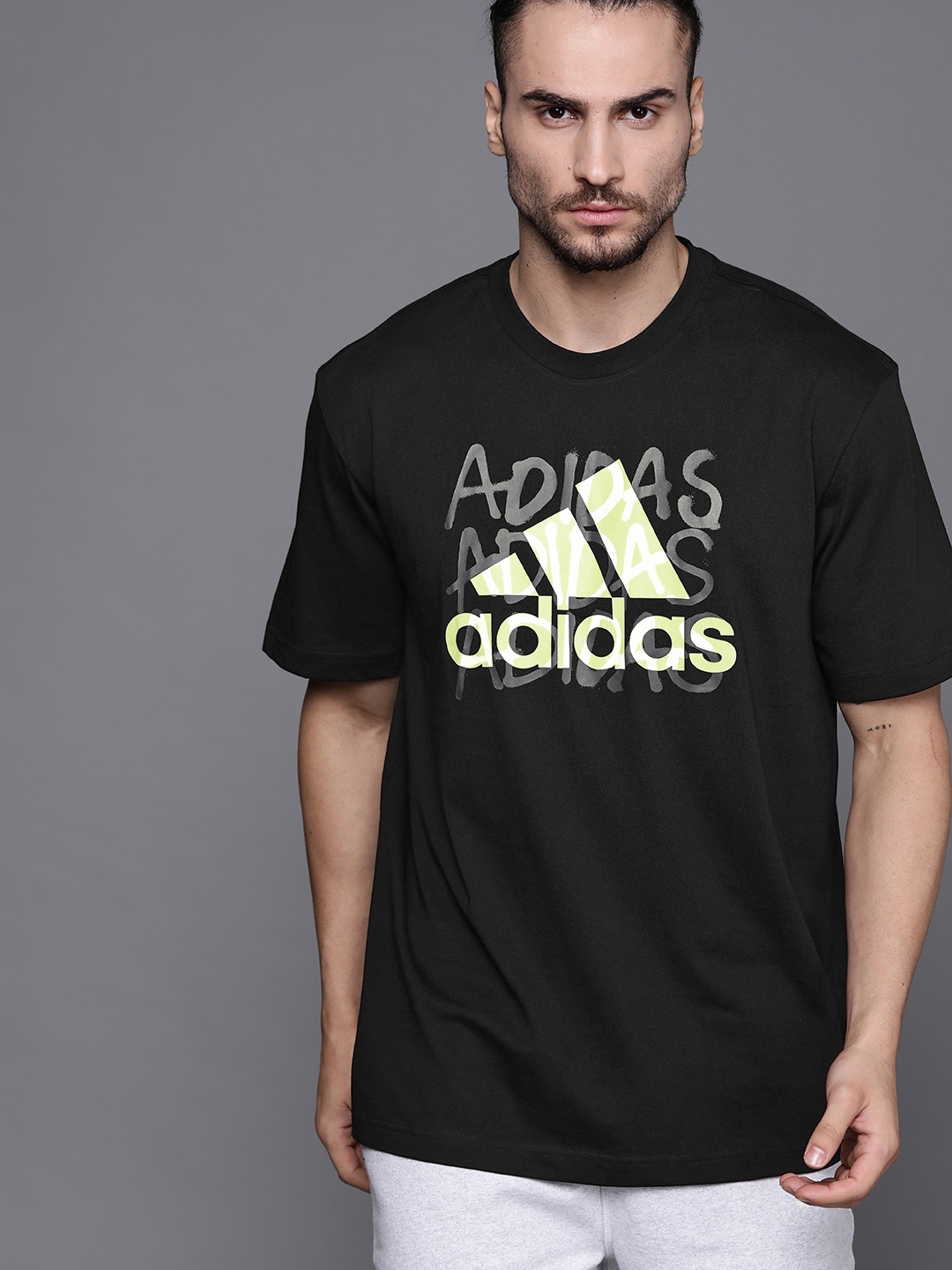 

ADIDAS Men Black & Green Brand Logo Graphic Pure Cotton Overspray Sustainable T-shirt