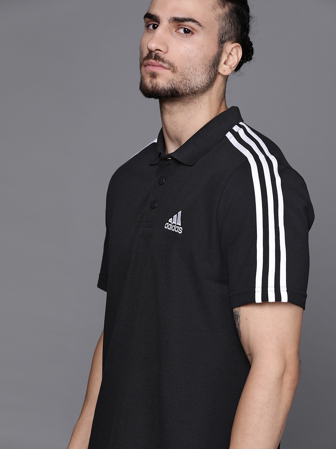 

ADIDAS Men Black Brand Logo 3-Stripes PQ PS T-shirt