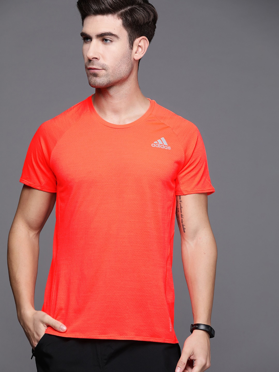 

ADIDAS Men Coral Orange Brand Logo Running Sustainable Sustainable T-shirt