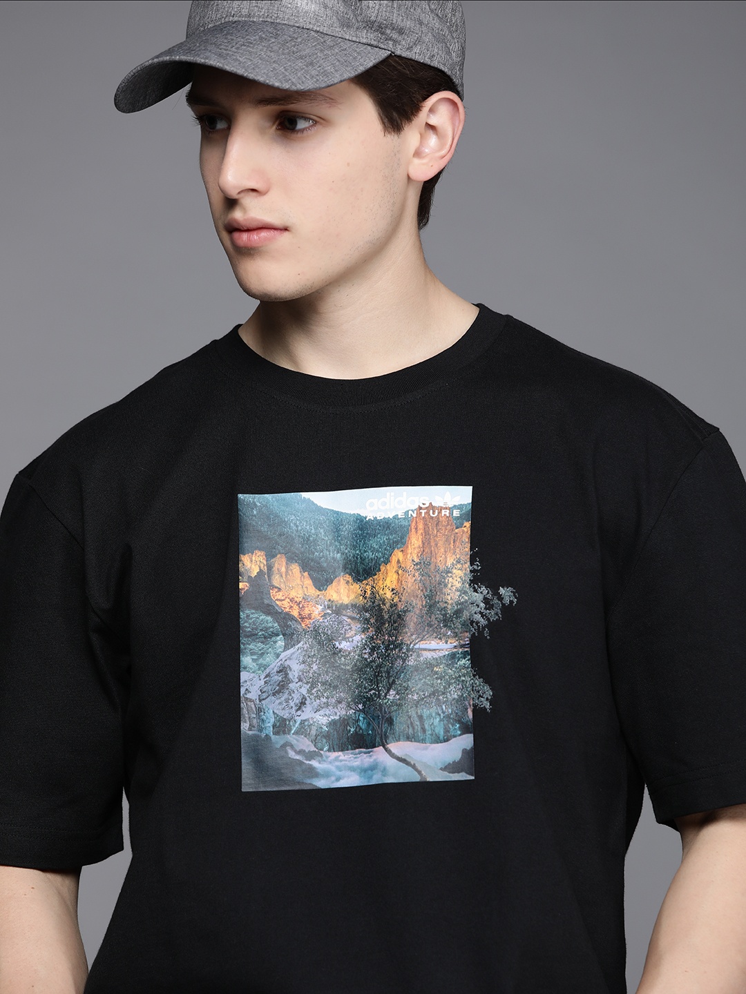 

ADIDAS Originals Men Black Pure Cotton Adventure Landscape Graphic Tshirt