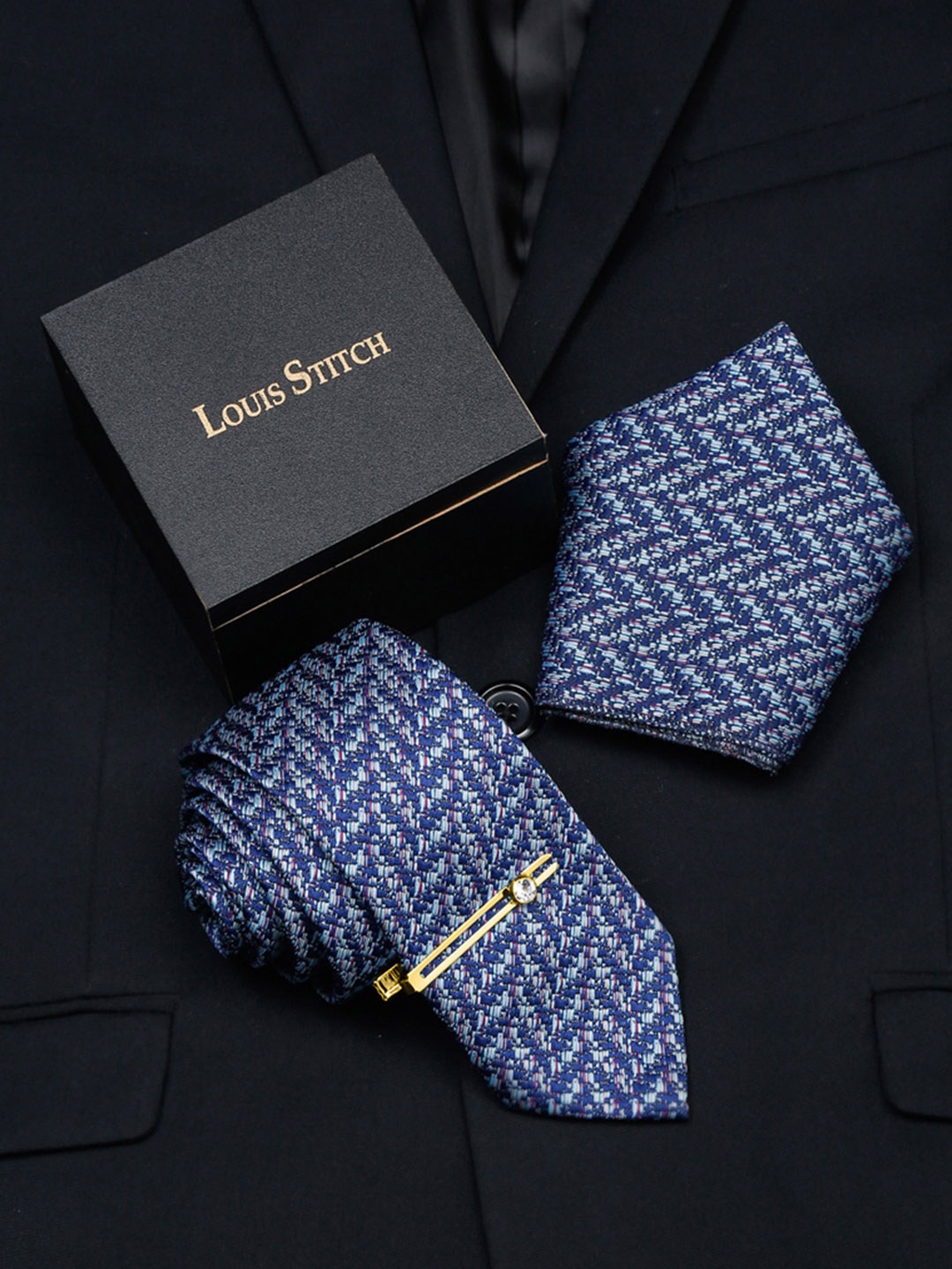 

LOUIS STITCH Men's Royal Blue Italian Silk Necktie Accessory Gift Set