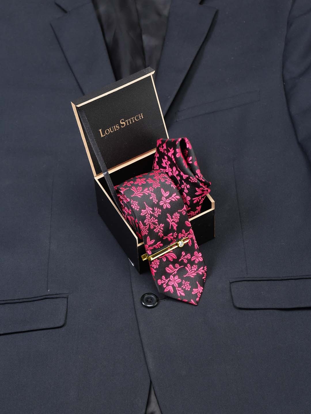 

LOUIS STITCH Men Mulberry Italian Silk Necktie Accessory Gift Set, Black