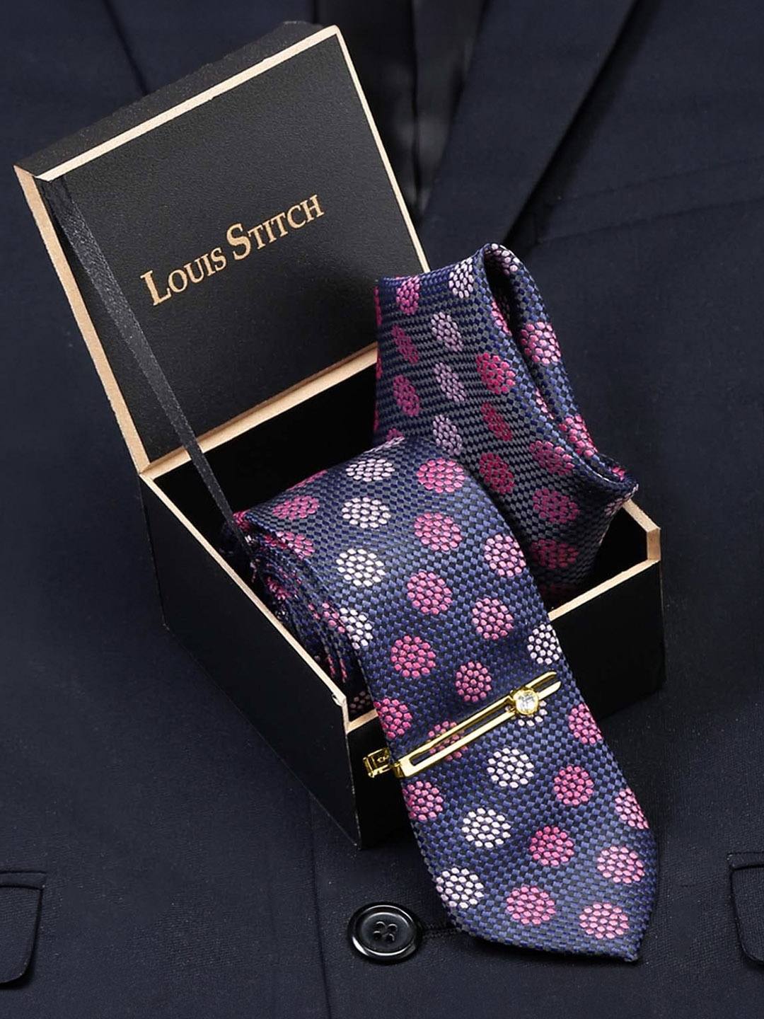 LOUIS STITCH Men Italian Silk Necktie Accessory Gift Set, Navy blue