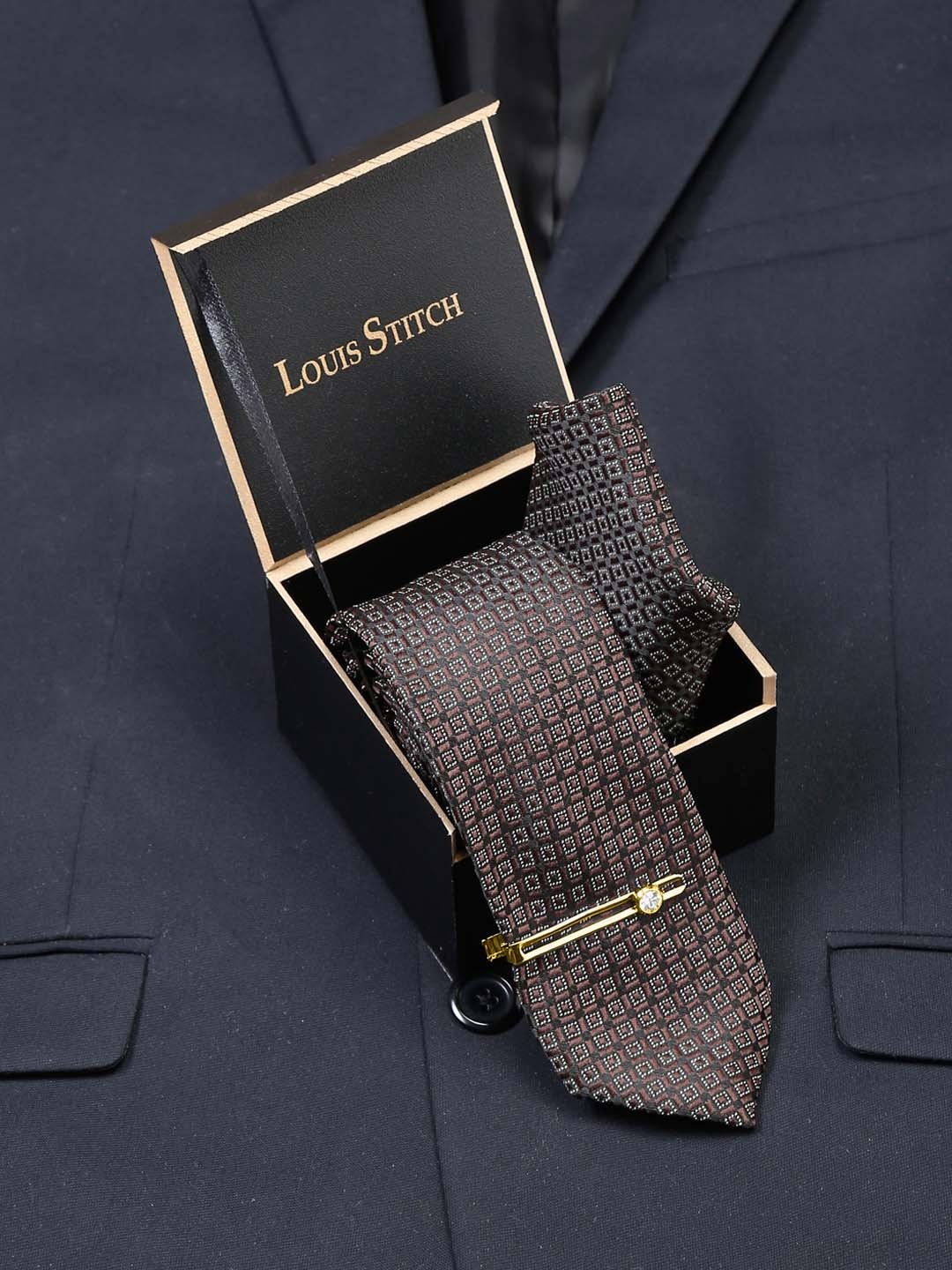 

LOUIS STITCH Men Chocolate Brown Italian Silk Necktie Accessory Gift Set