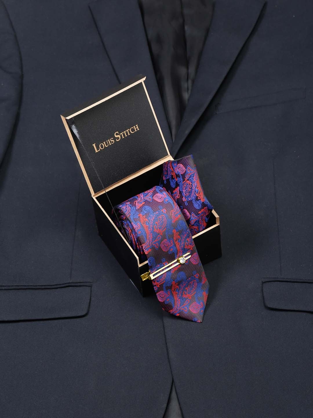 

LOUIS STITCH Men Woven Design Silk Necktie Accessory Gift Set, Navy blue